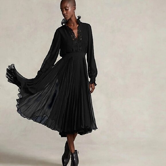 Polo Ralph Lauren Sz 14 Black Georgette Lace Trim Pleated Long Dress Chic - Picture 3 of 12